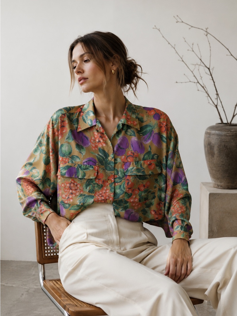 Vintage KORET 100% Silk Fruit Print Blouse | Grapes Plum Botanical Button Up